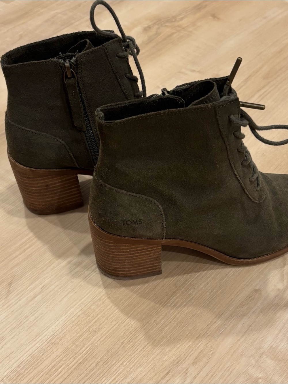 TOMS Olive Suede Lace-Up Ankle Boots with Stacked Heel